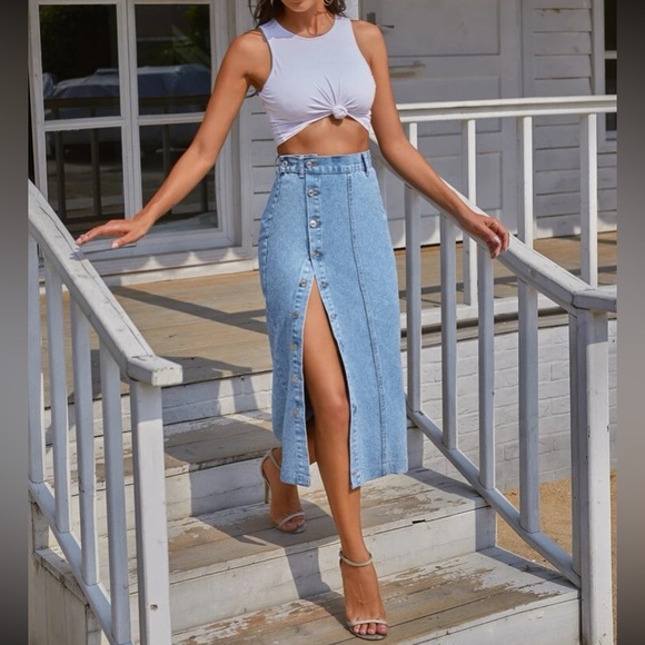 Boho button detail denim midi skirt - Picture 10 of 16
